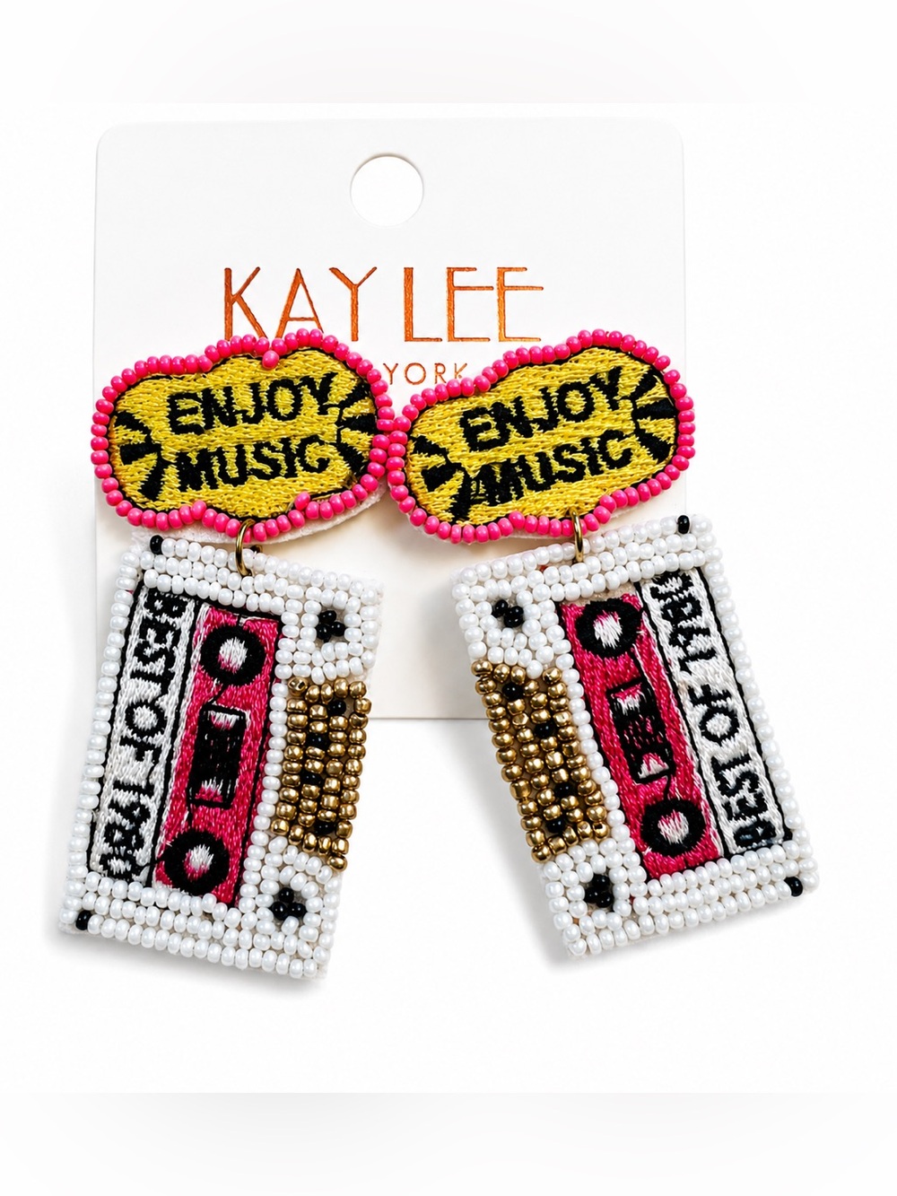 Kaylee Enjoy Music Pink & Yellow Beaded Cassette Earrings